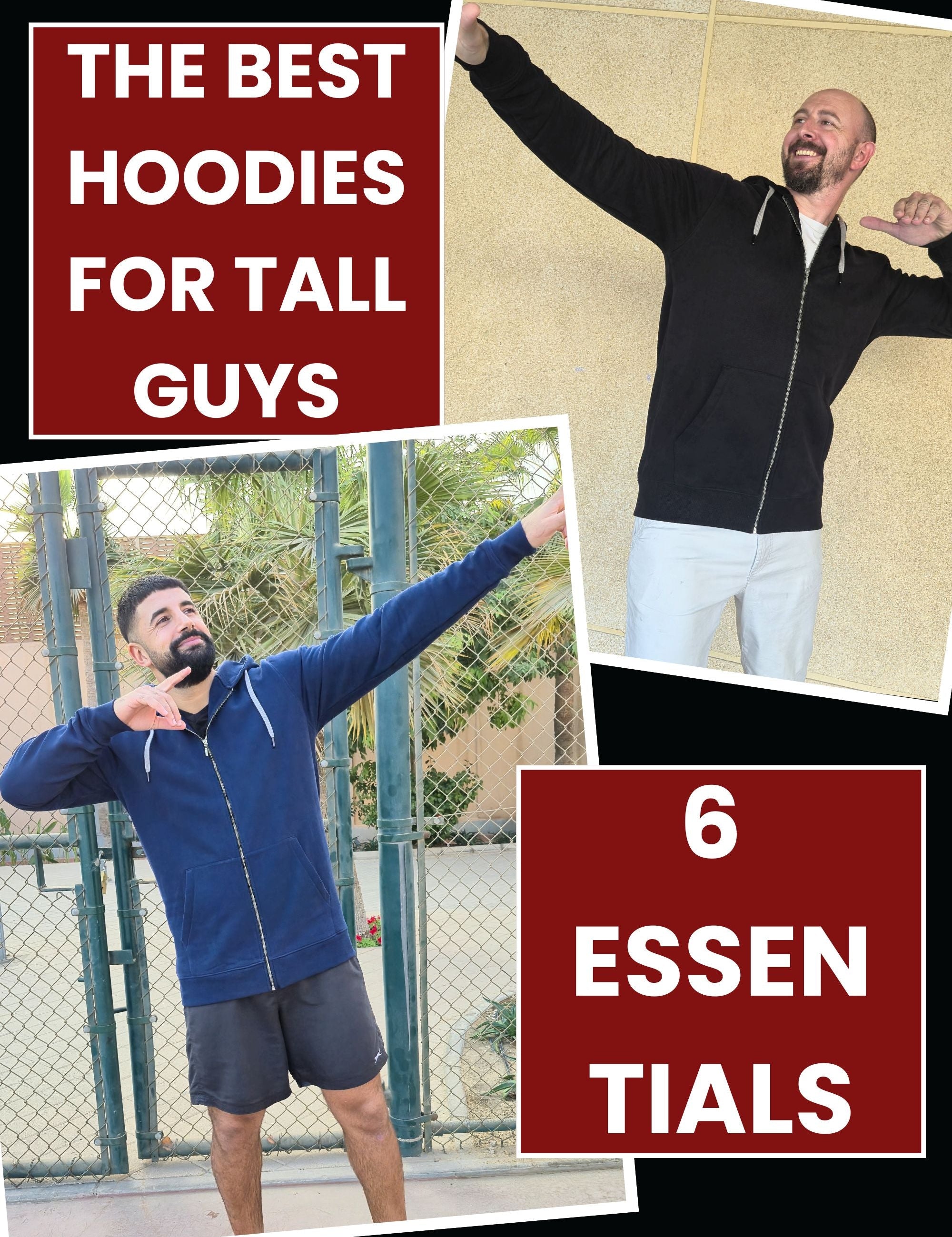 Two tall slim guys wearing hoodies with extra long sleeves and striking funny poses with their arms stretched.