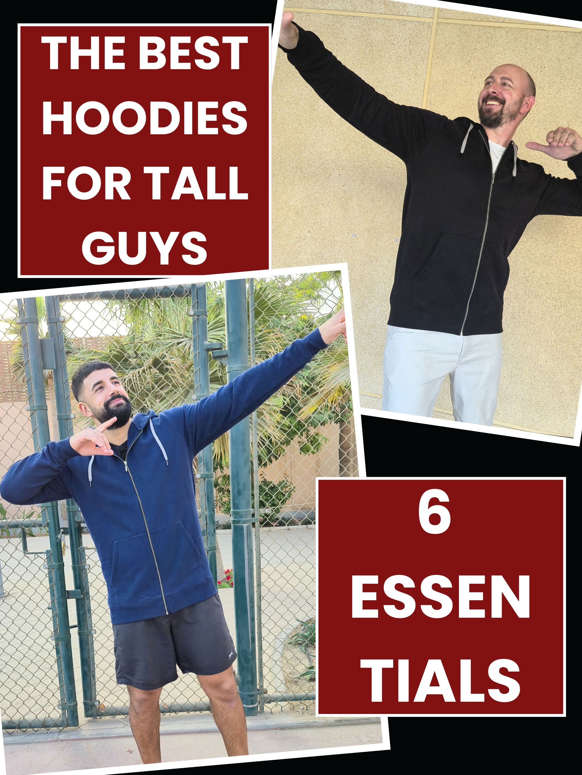 Two tall slim guys wearing hoodies with extra long sleeves and striking funny poses with their arms stretched.