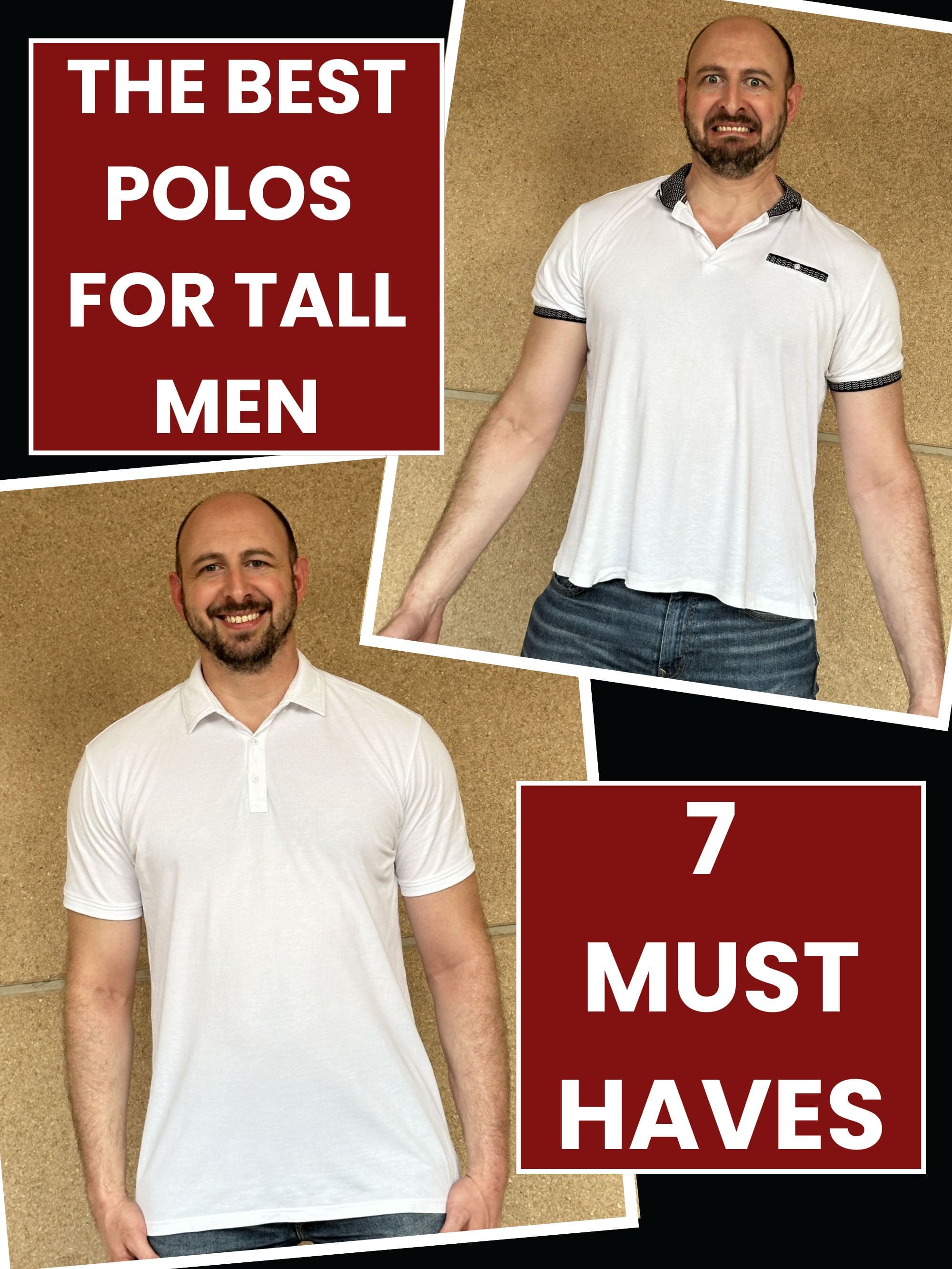 A tall slim guy who is angry and wearing a short baggy polo, and then happy wearing a long slim polo.