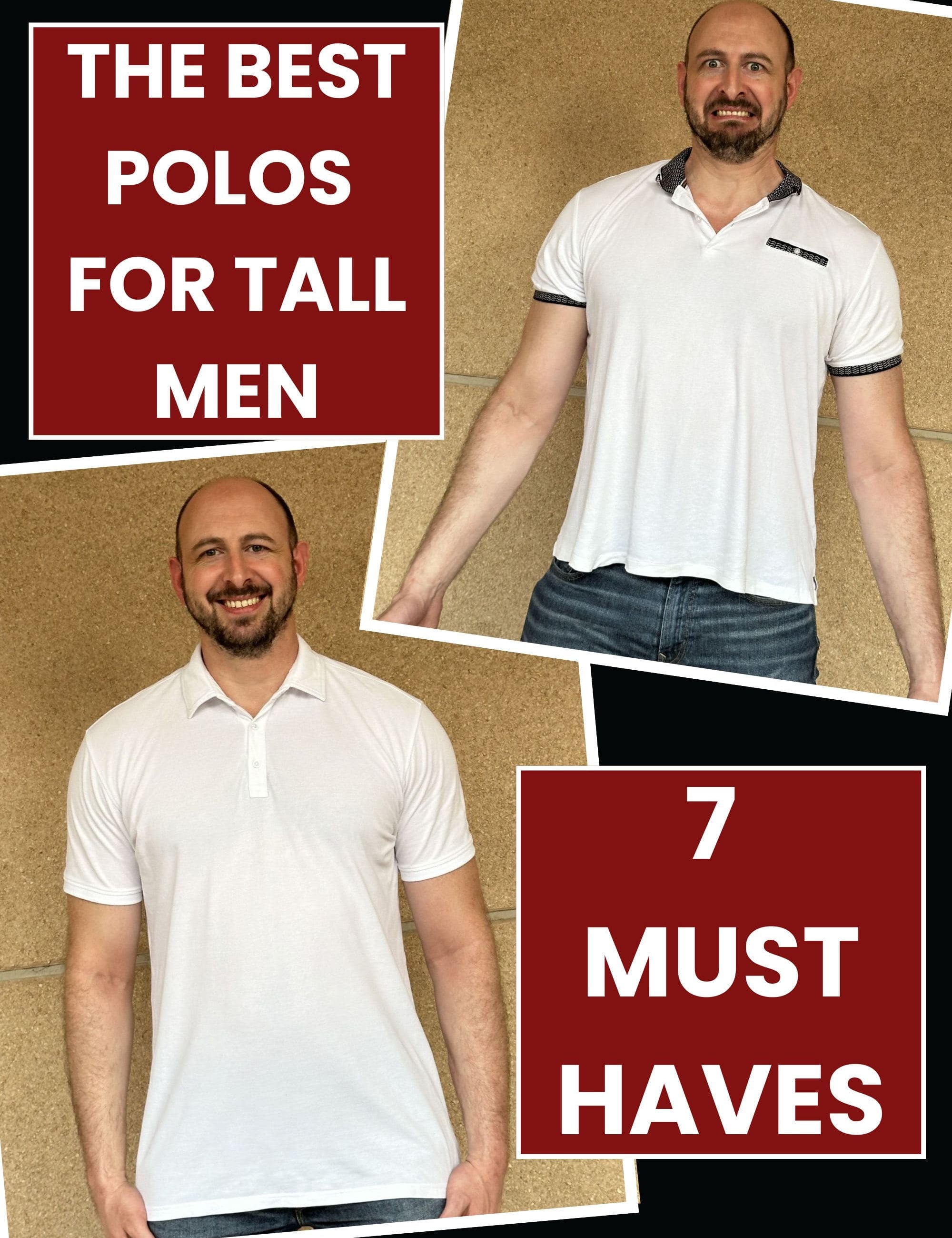 A tall slim guy who is angry and wearing a short baggy polo, and then happy wearing a long slim polo.