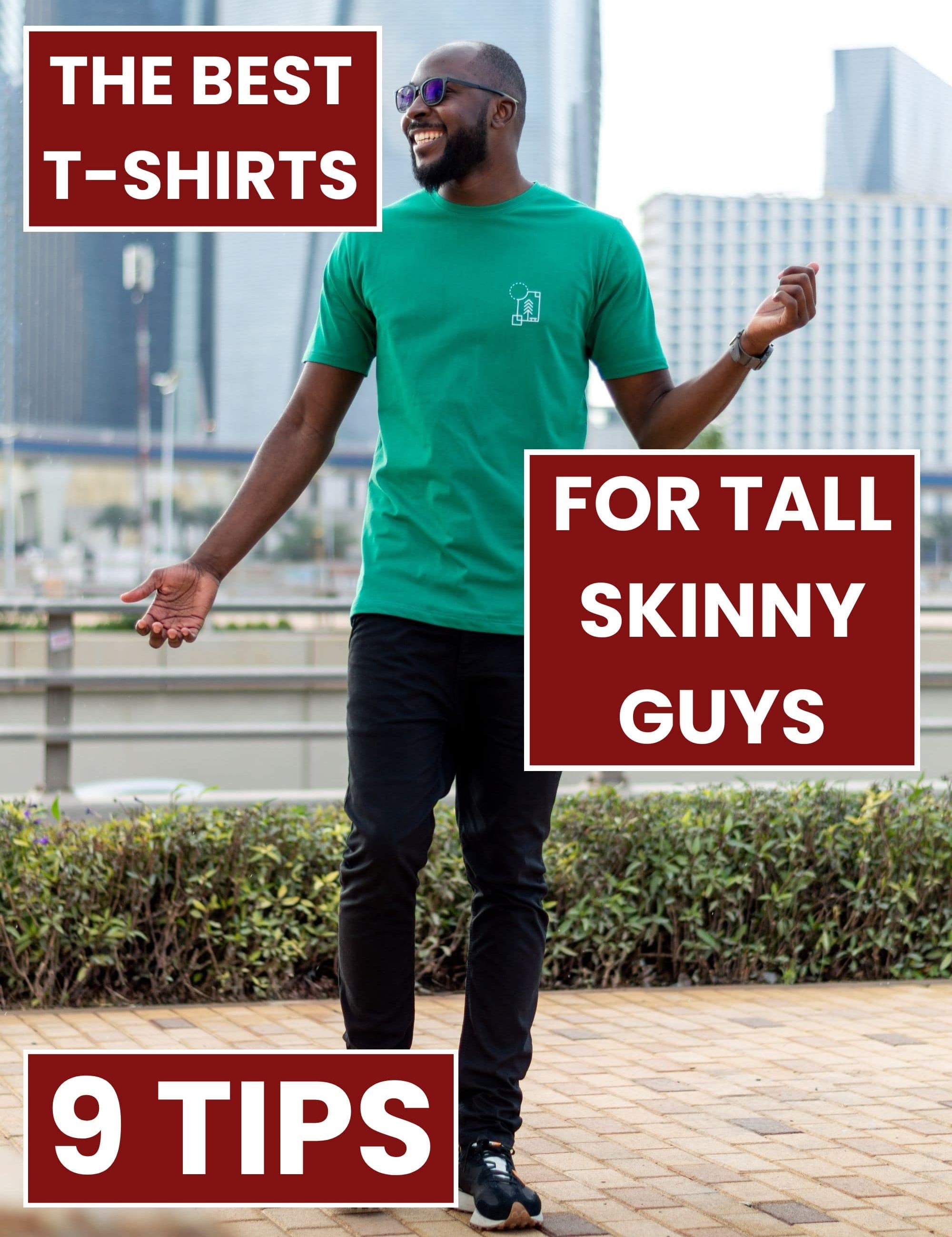 A tall skinny guy in a green tall slim graphic t-shirt, smiling and in a funny pose.