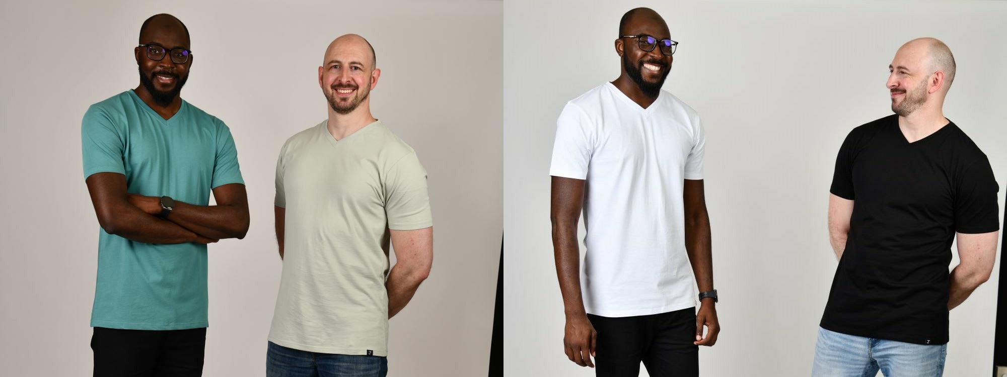 Two tall slim men wearing large and XL tall V-neck t-shirts.