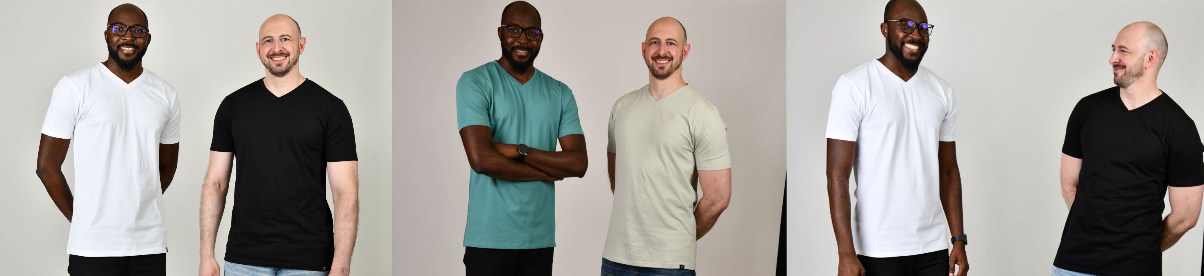 Tall slim guys wearing tall slim V-neck t-shirts in a studio.