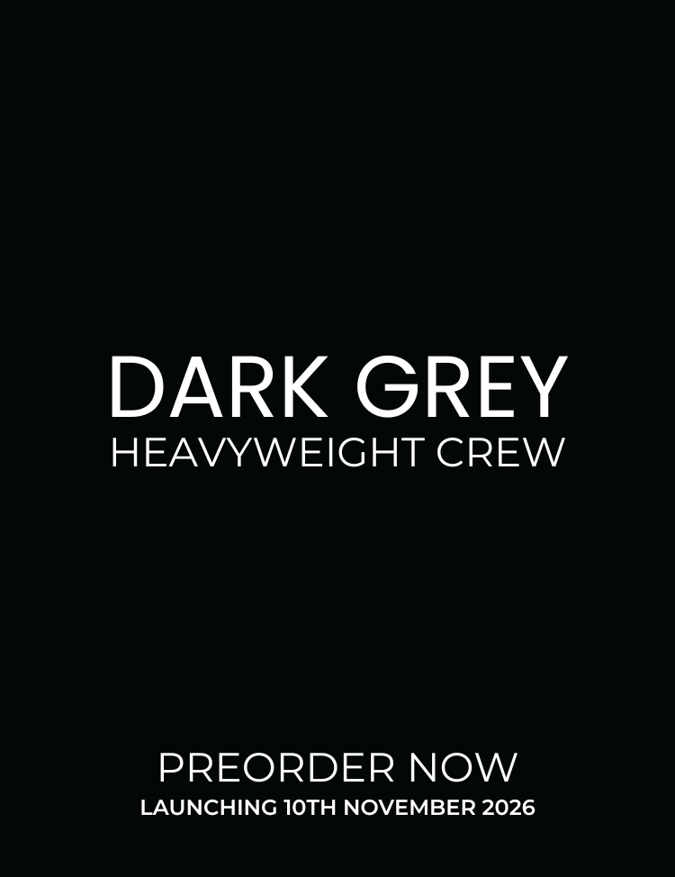 A black promotional graphic with white text reading 'DARK GREY HEAVYWEIGHT CREW' and 'PREORDER NOW LAUNCHING 10TH NOVEMBER 2026'.