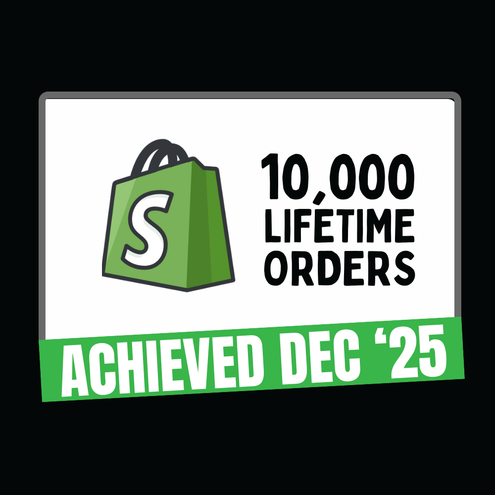 Green shopping bag icon with Shopify logo, text '10,000 Lifetime Orders Achieved Dec '25' on a white background