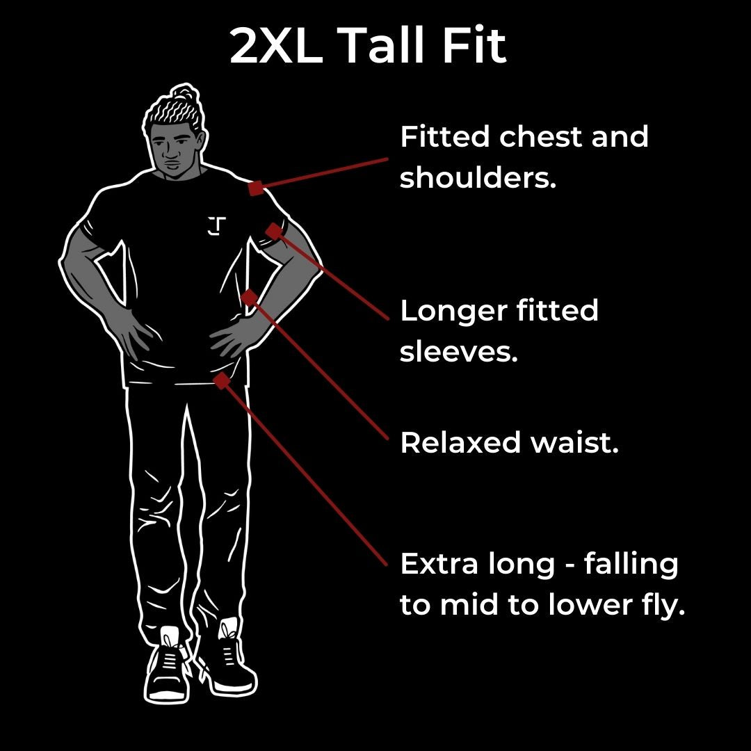 Our 2xl tall fit is fitted in the chest and shoulders, has a relaxed waist and has longer fitted sleeves. It's extra long - falling mid to low fly.