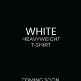 Promotional text for a white heavyweight crew neck t-shirt indicating 'Coming Soon - September 10th 2025' on a black background.