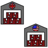 An icon of two warehouses, one with a UK flag and the other with a USA flag to show that Just Tall ships from both the UK and the USA.