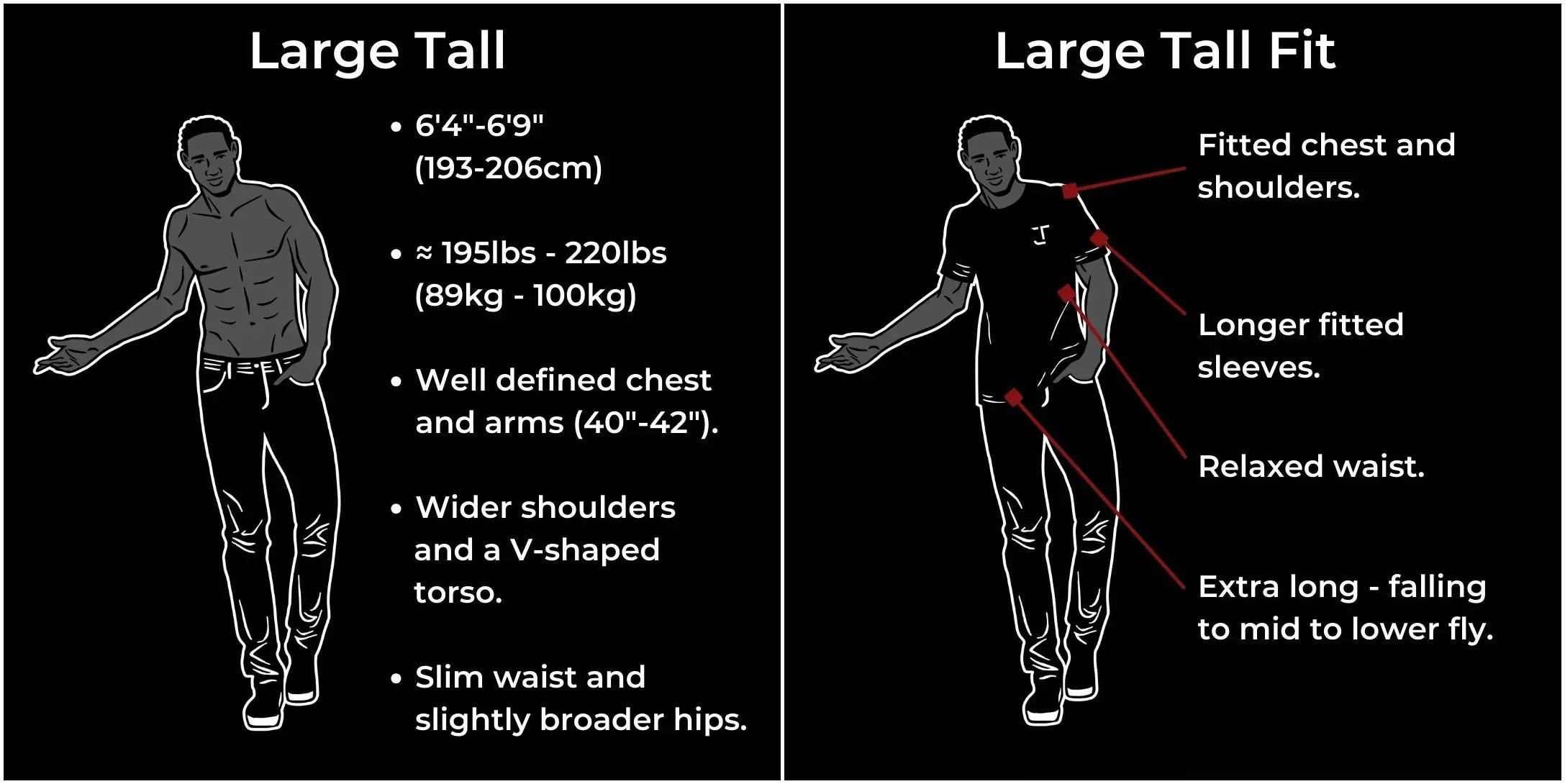L tall for tall and average/athletic guys 195-220lbs and 6'4"-6'9".