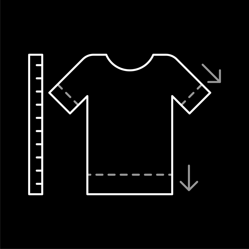 An icon of a t-shirt with down arrows depicting that our tall slim t-shirts have longer bodies and longer sleeves