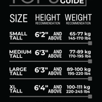 A black tops sizing guide chart with white text showing size, height recommendation, and weight recommendation for Small, Medium, Large, XL, and 2XL sizes.