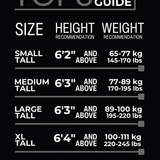 A black tops sizing guide chart with white text showing size, height recommendation, and weight recommendation for Small, Medium, Large, XL, and 2XL sizes.
