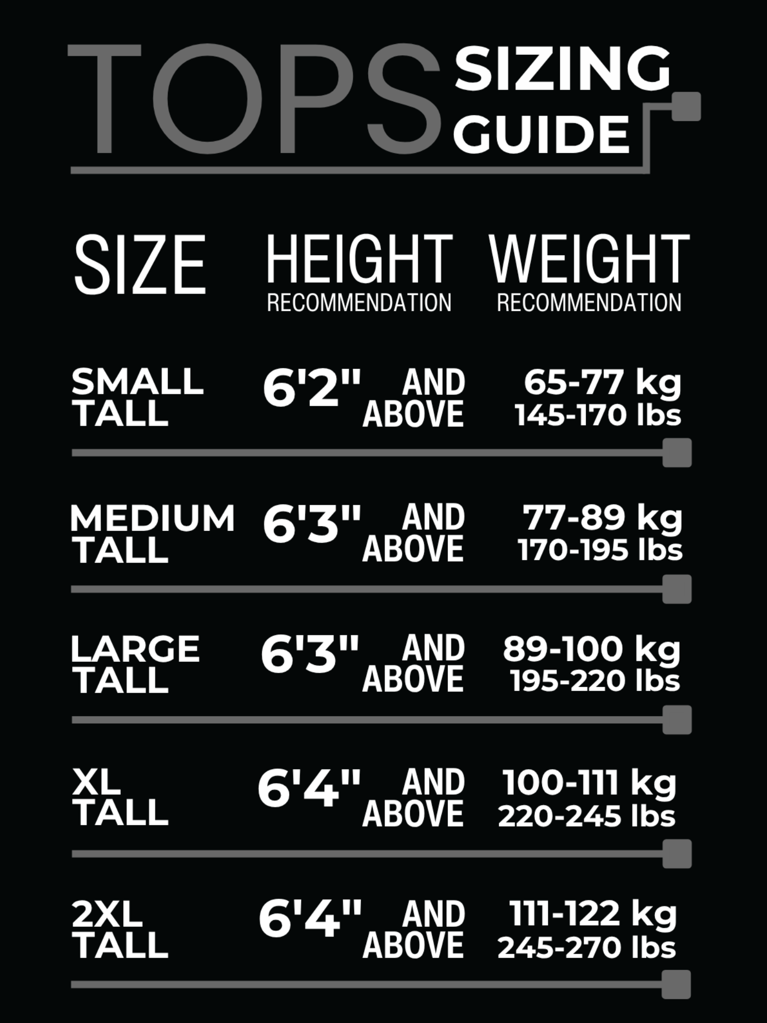 A black tops sizing guide chart with white text showing size, height recommendation, and weight recommendation for Small, Medium, Large, XL, and 2XL sizes.