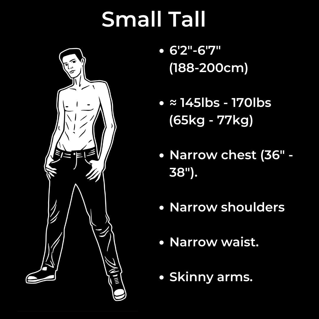 A tall skinny guy has a narrow chest, shoulders, waist and skinny arms. Weighing around 145-170lbs (65-77kg).