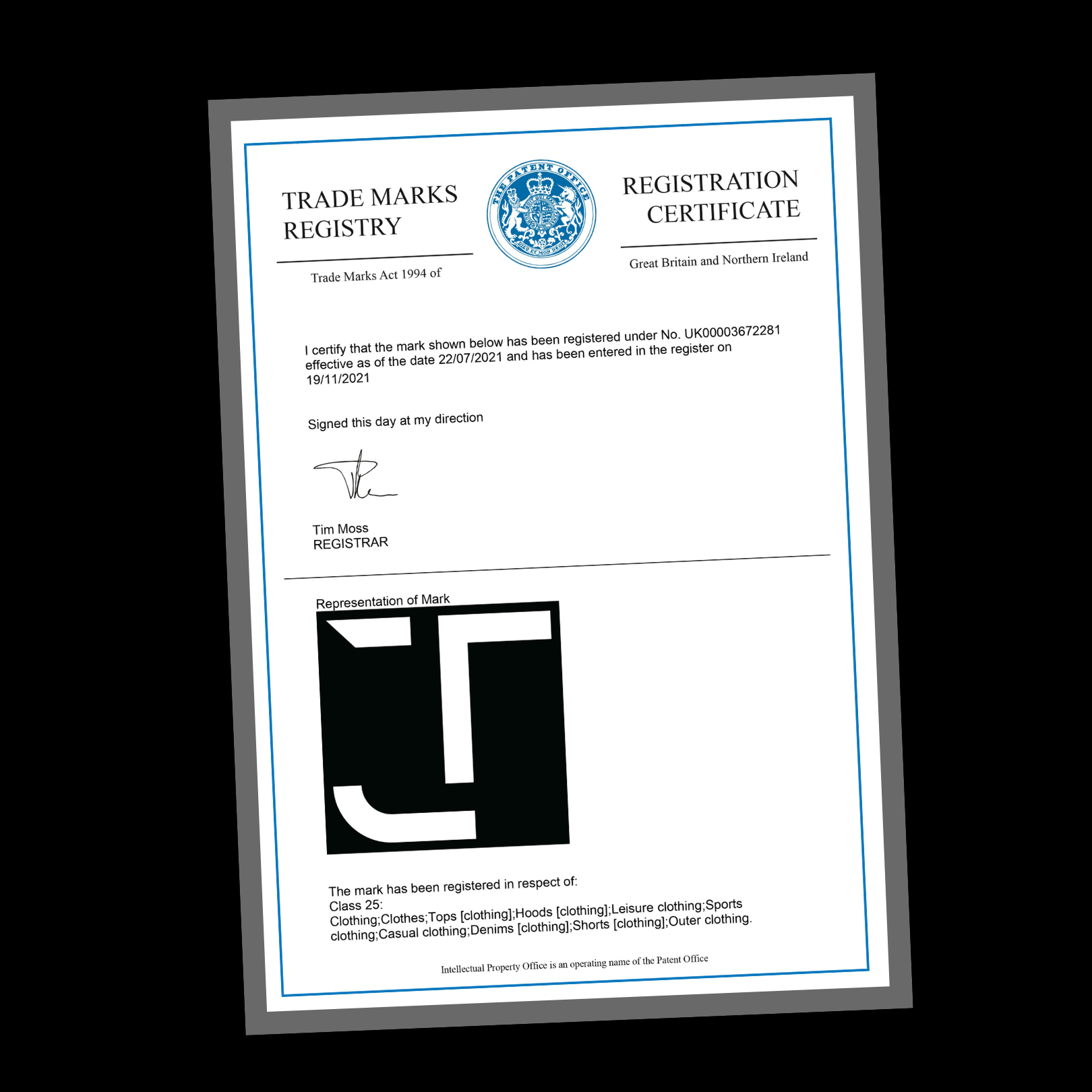 Our trademark certificate.