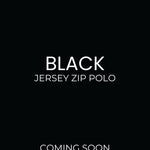 Promotional text for a black jersey zip polo shirt, indicating 'Coming Soon - September 10th 2025' on a black background.