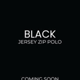 Promotional text for a black jersey zip polo shirt, indicating 'Coming Soon - September 10th 2025' on a black background.