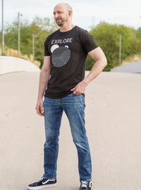 Thumbnail for A head to toe shot of a tall skinny guy wearing a tall black graphic t-shirt.