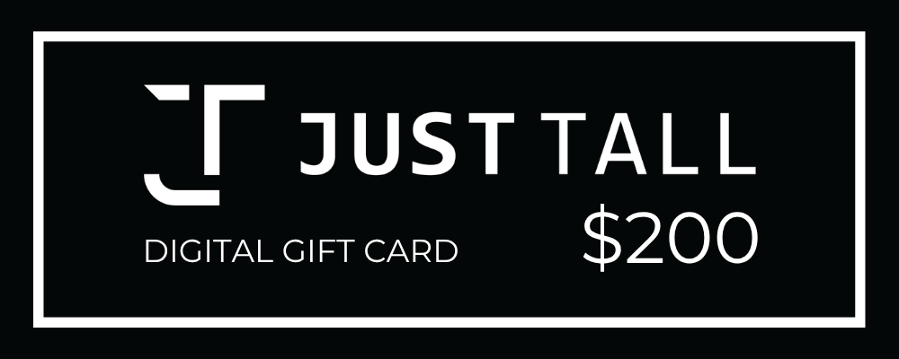 A black digital gift card with a white border and white text reading JUST TALL, DIGITAL GIFT CARD, and $200.