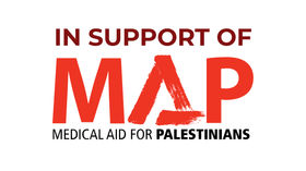 Support logo for Medical Aid for Palestinians with red 'MAP' letters on a white background