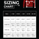 A quarter zip sweatshirt sizing chart graphic on a black background, showing a red jacket illustration with measurement labels A, B, and C, plus a size table for men from S Tall to 2XL Tall with chest, length, and sleeve length measurements.
