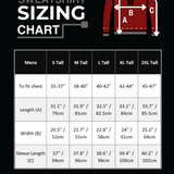 A quarter zip sweatshirt sizing chart graphic on a black background, showing a red jacket illustration with measurement labels A, B, and C, plus a size table for men from S Tall to 2XL Tall with chest, length, and sleeve length measurements.