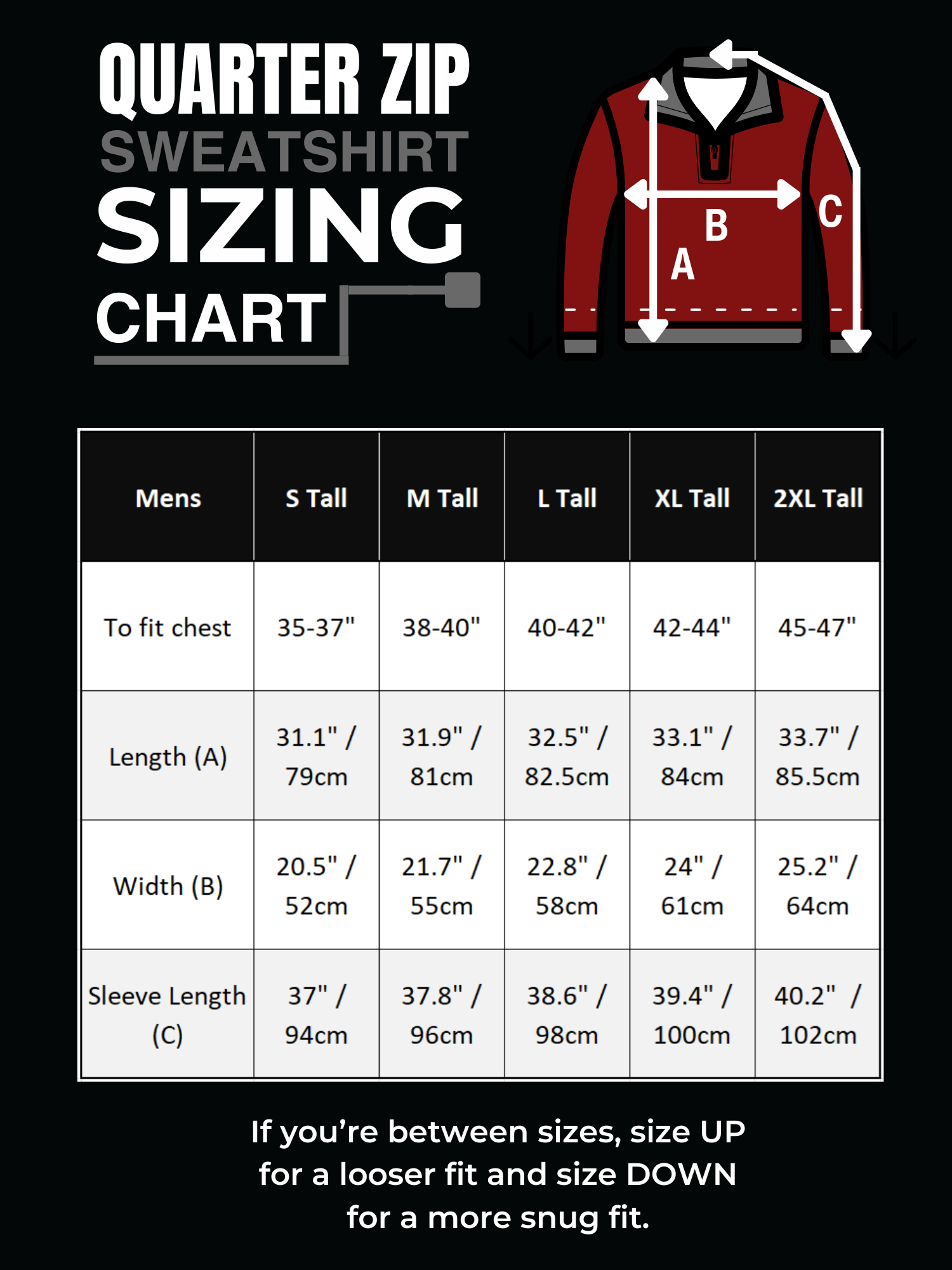 A quarter zip sweatshirt sizing chart graphic on a black background, showing a red jacket illustration with measurement labels A, B, and C, plus a size table for men from S Tall to 2XL Tall with chest, length, and sleeve length measurements.
