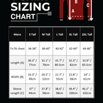 A long-sleeve T-shirt sizing chart on a black background, showing a measurement diagram with chest, length, and sleeve labels on a red shirt graphic, plus a size table for men from S Tall to 2XL Tall with measurements in inches and centimeters.