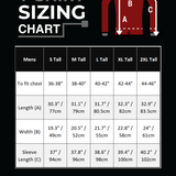 A long-sleeve T-shirt sizing chart on a black background, showing a measurement diagram with chest, length, and sleeve labels on a red shirt graphic, plus a size table for men from S Tall to 2XL Tall with measurements in inches and centimeters.