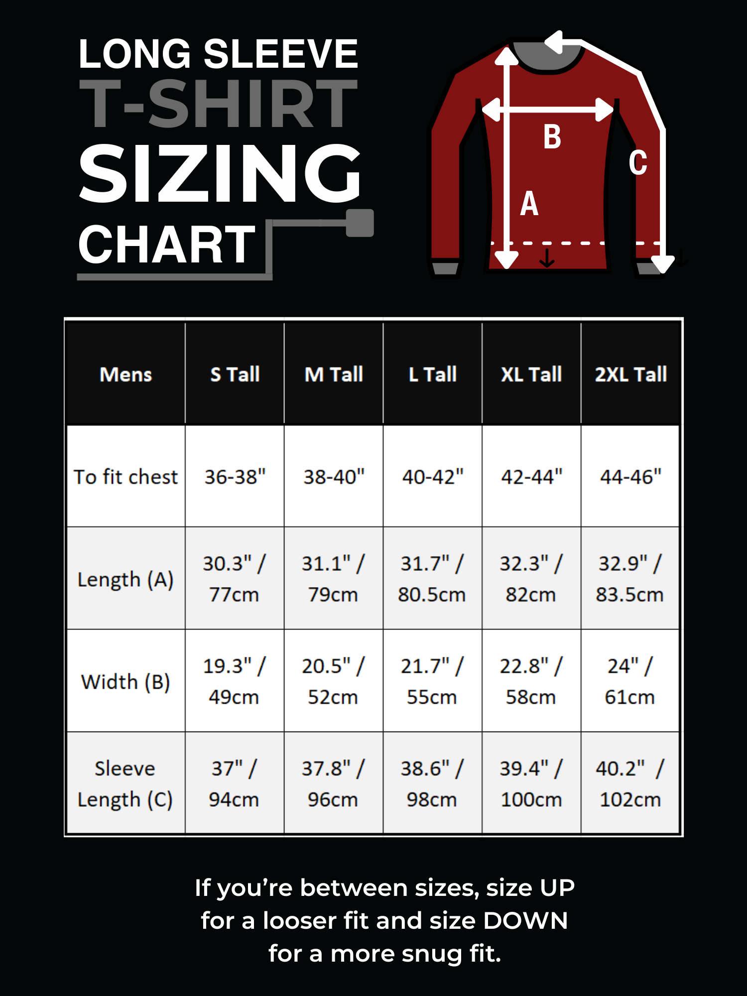 A long-sleeve T-shirt sizing chart on a black background, showing a measurement diagram with chest, length, and sleeve labels on a red shirt graphic, plus a size table for men from S Tall to 2XL Tall with measurements in inches and centimeters.