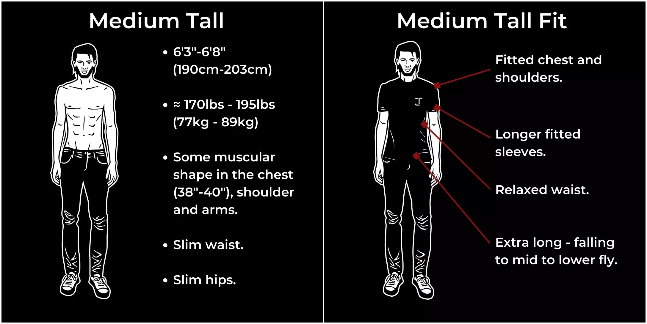 Medium tall for tall and slim guys 170-195lbs and 6'3
