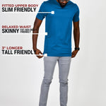 A head to toe shot in a studio of a tall and athletic guy wearing an azure large tall slim t-shirt.