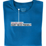 A close up of the tagless itch-free azure tall t-shirt neck label.