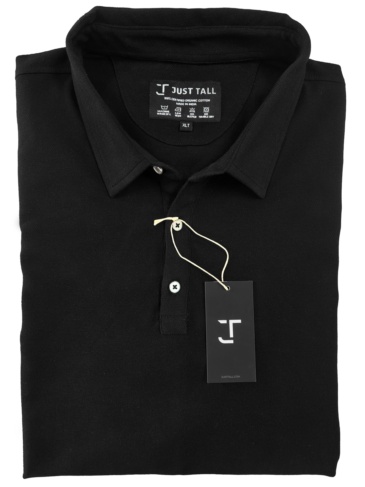 A close up of a black tall pique polo shirt.