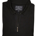 Folded black polo shirt with a zipper on a white background, featuring 'Just Tall' brand label.