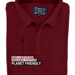 A close up of a medium tall maroon polo detailing the stay-flat collar.