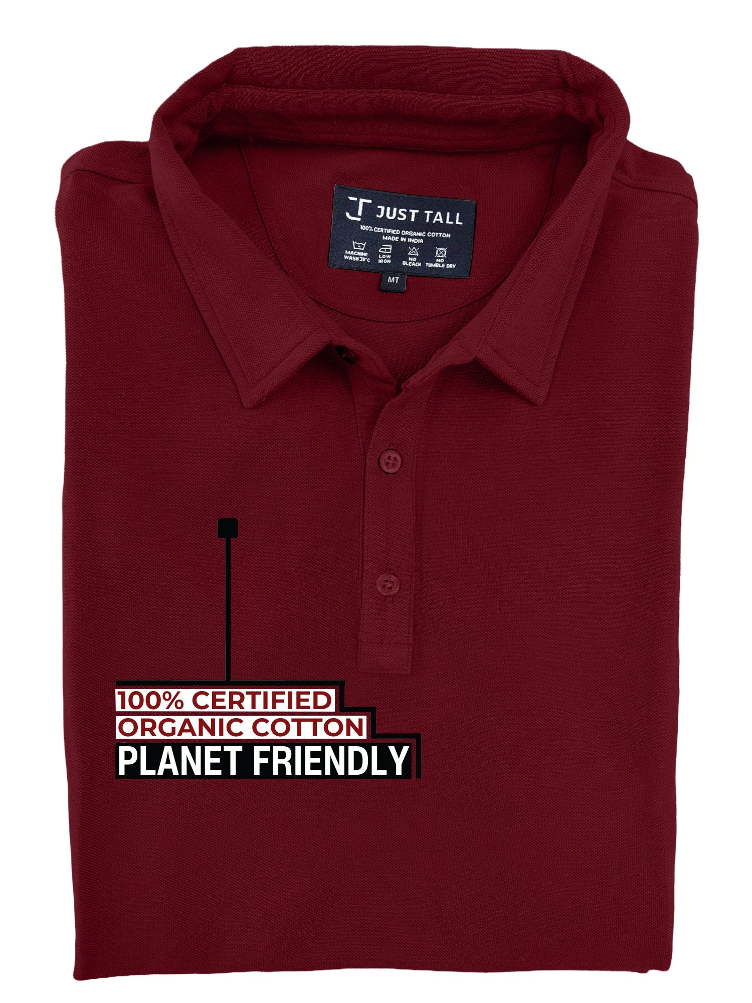A close up of a medium tall maroon polo detailing the stay-flat collar.