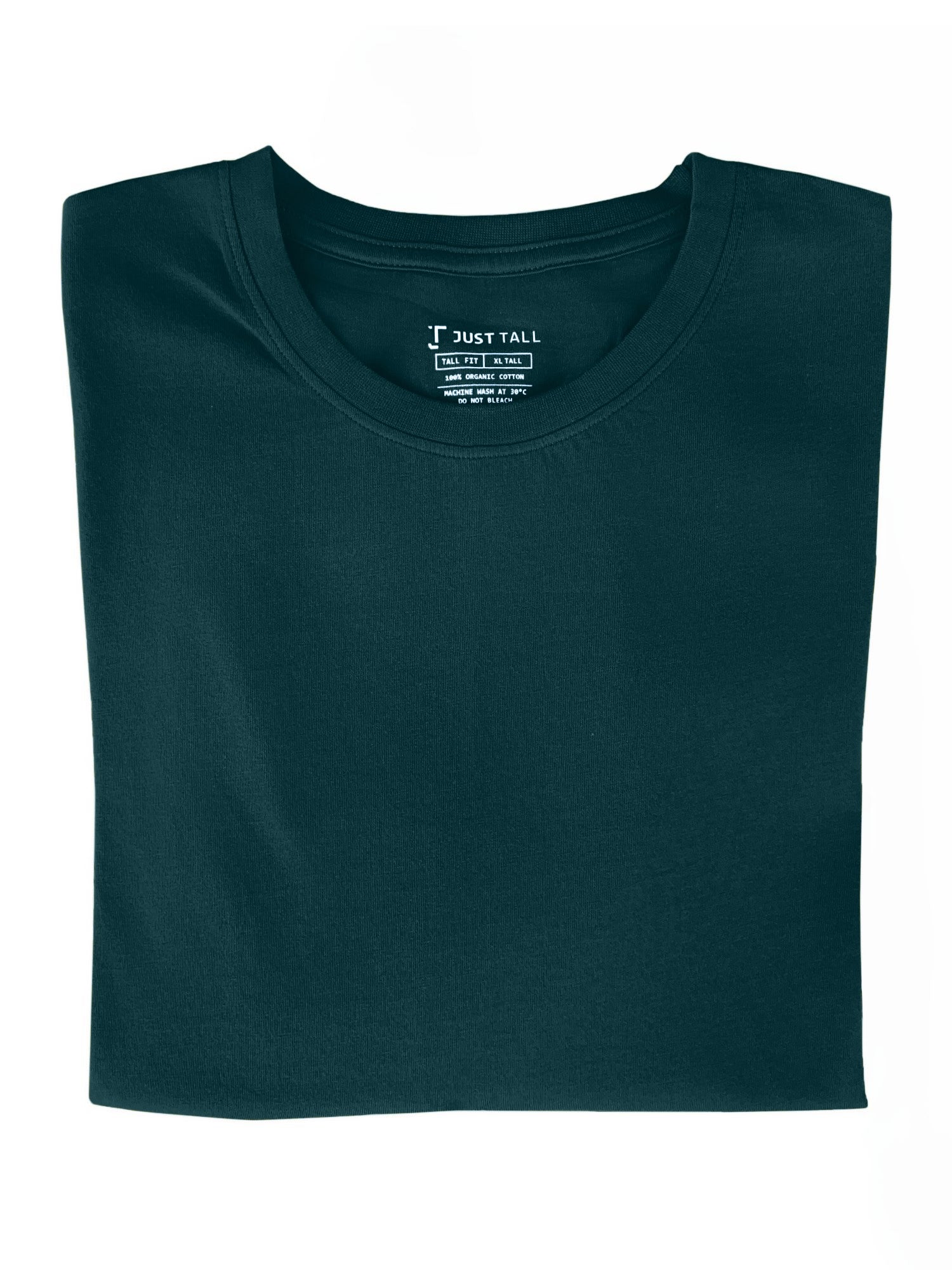 A close-up of a dark teal tall t-shirt.