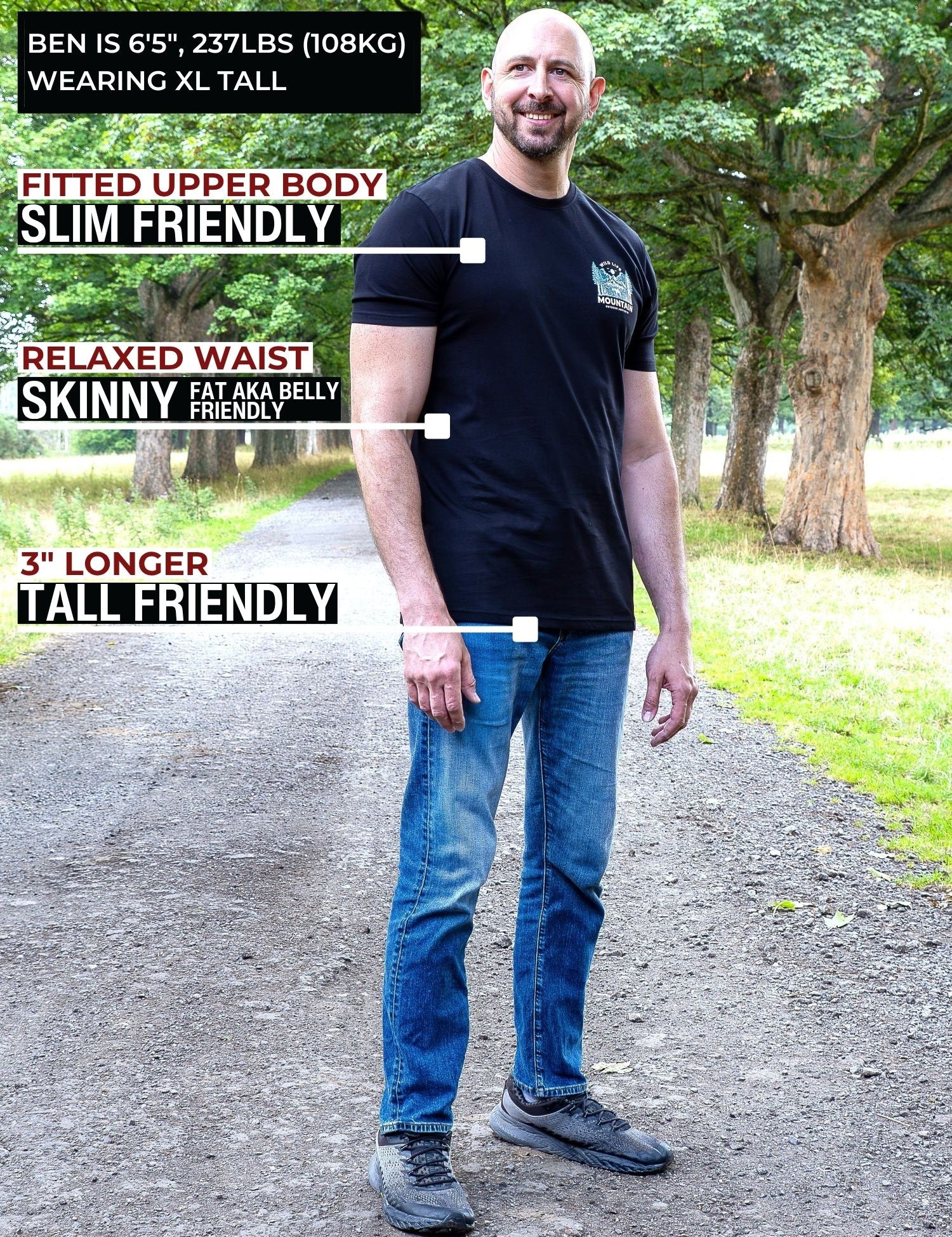 A tall man standing outdoors on a path wearing a black fitted t-shirt and blue jeans, with text callouts describing the shirt's fit: fitted upper body, relaxed waist, and 3" longer tall-friendly fit. Trees and grass are visible in the background.