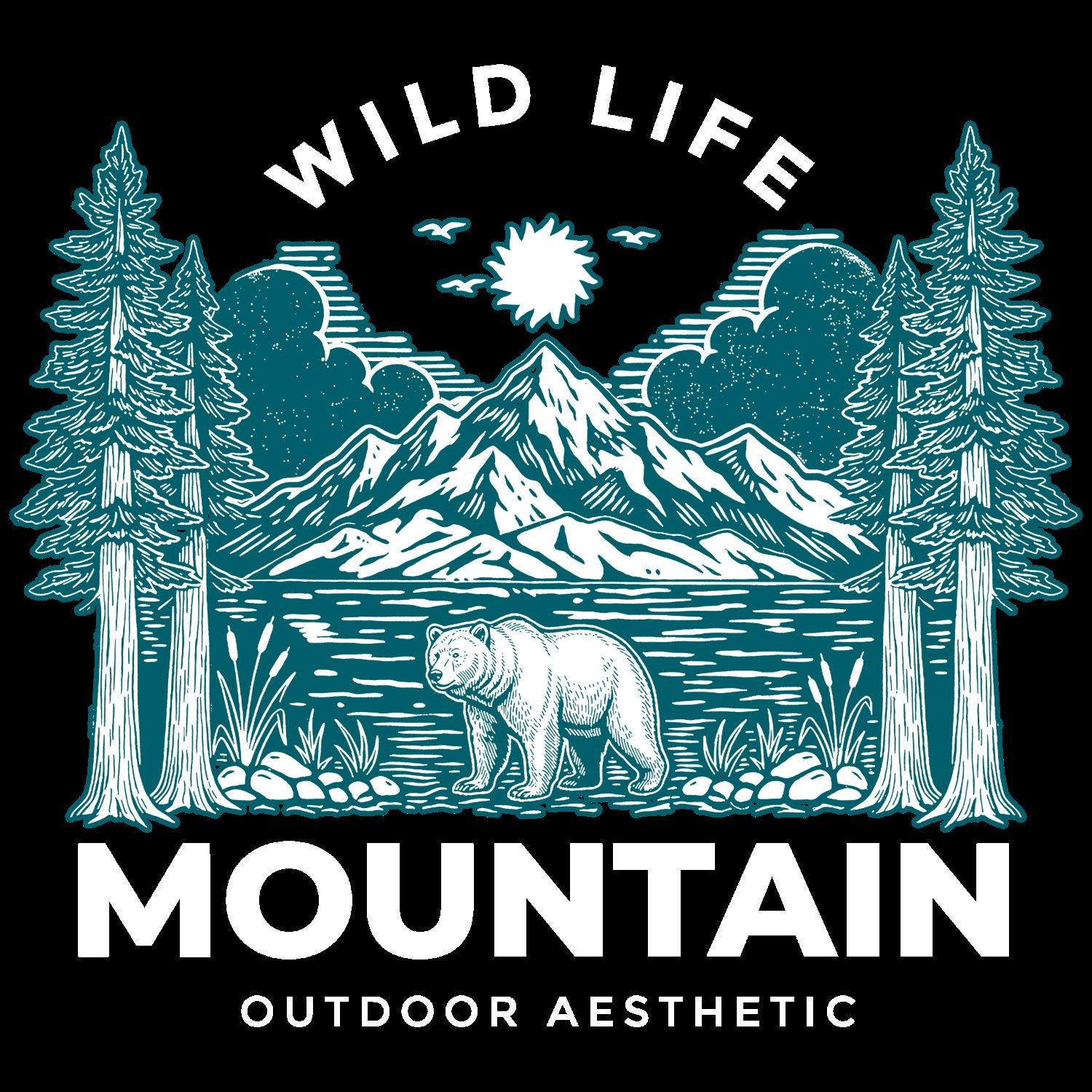 A bear in front of a lake with trees to either side and a mountain, sun and clouds in the background. With the text: Wildlife - Mountain Outdoor Aesthetic