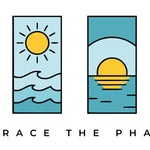 Four vertical rectangular panels with minimalist line-art sun and moon scenes over water, labeled 'EMBRACE THE PHASES' below. The panels use orange, yellow, blue, and teal tones.