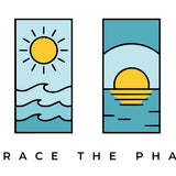 Four vertical rectangular panels with minimalist line-art sun and moon scenes over water, labeled 'EMBRACE THE PHASES' below. The panels use orange, yellow, blue, and teal tones.