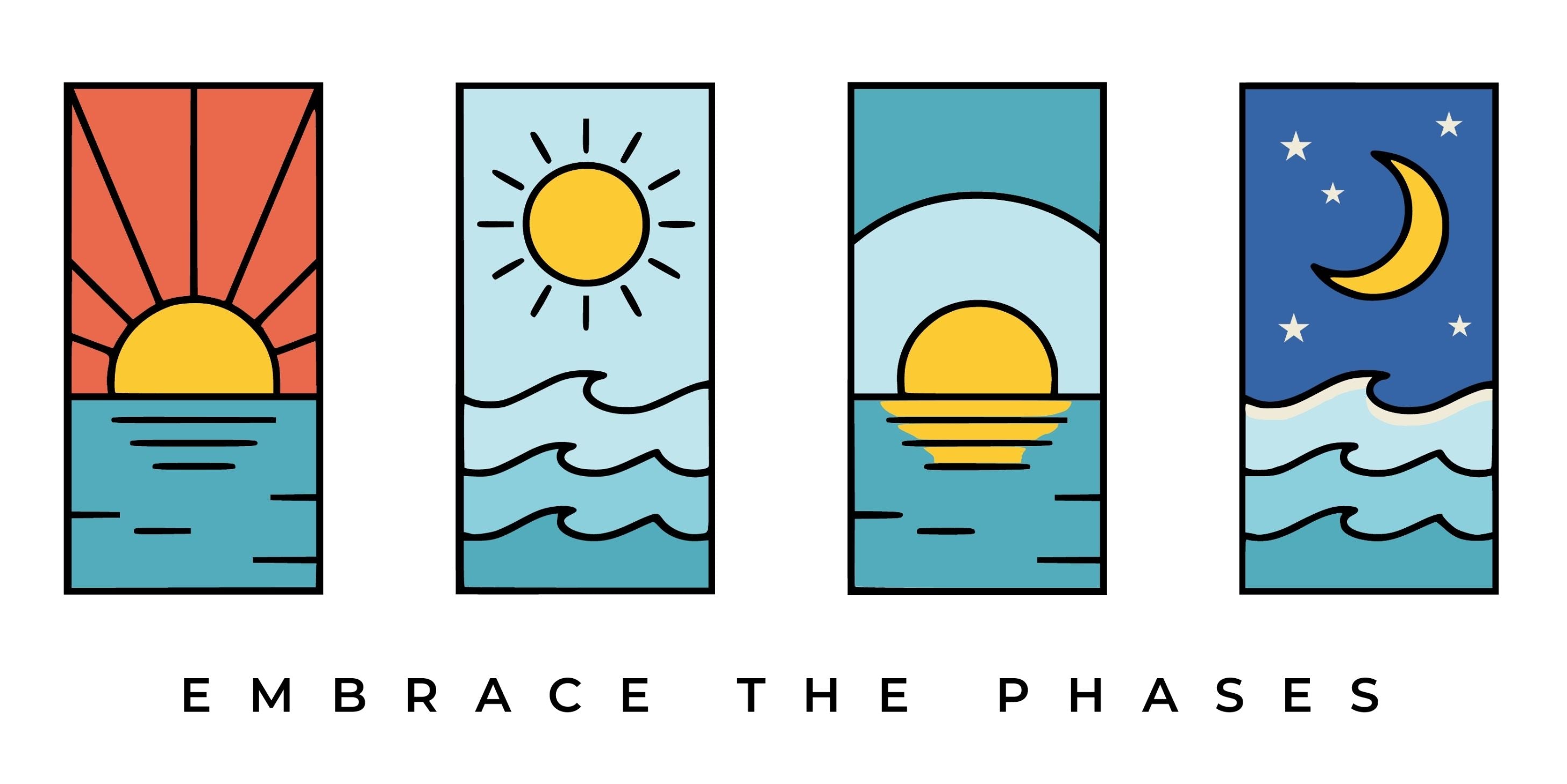 Four vertical rectangular panels with minimalist line-art sun and moon scenes over water, labeled 'EMBRACE THE PHASES' below. The panels use orange, yellow, blue, and teal tones.