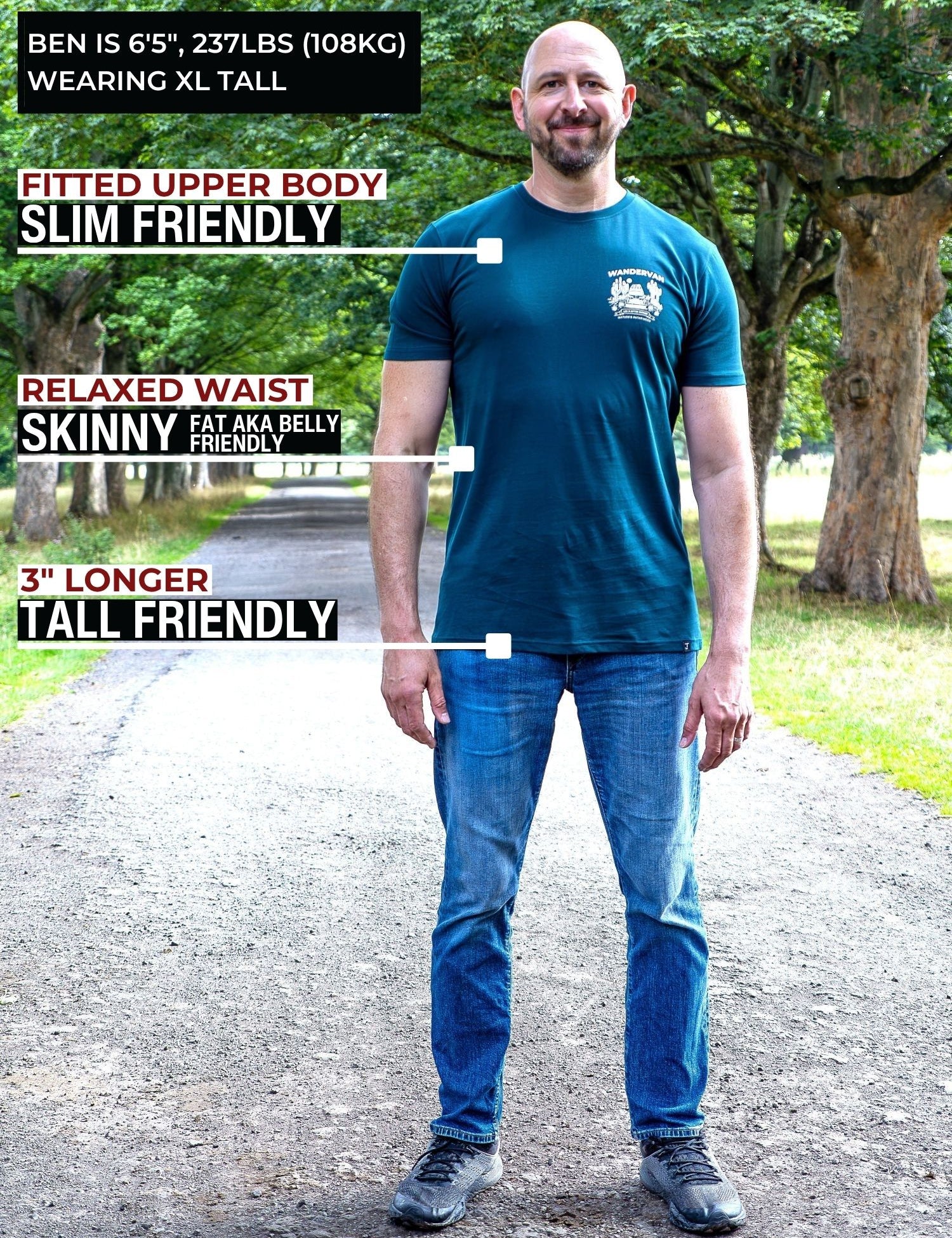 A tall man standing on a tree-lined path wearing a dark teal fitted t-shirt and blue jeans, with text callouts describing the shirt's fit: slim in the upper body, relaxed at the waist, and 3" longer overall.