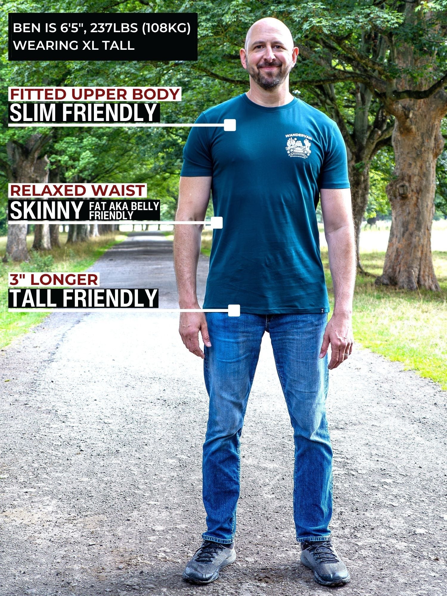 A tall man standing on a tree-lined path wearing a dark teal fitted t-shirt and blue jeans, with text callouts describing the shirt's fit: slim in the upper body, relaxed at the waist, and 3" longer overall.