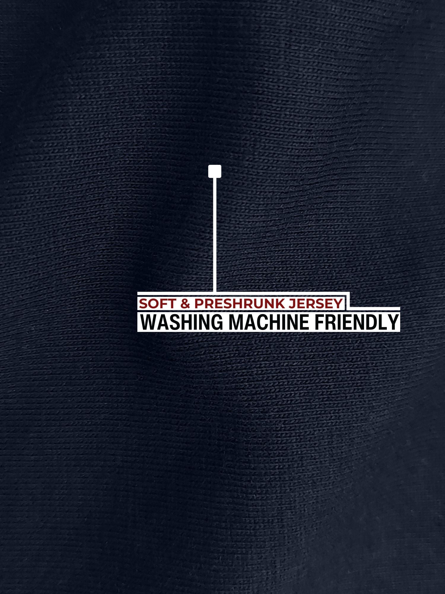 Close-up of the black heavyweight jersey fabric that is soft, pre-shrunk and washing machine friendly.