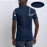 A shot from behind of a tall slim man wearing a large tall heavyweight midnight blue t-shirt.