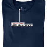 Close up of Just Tall's heavyweight  midnight blue t-shirt, showing the tagless label.