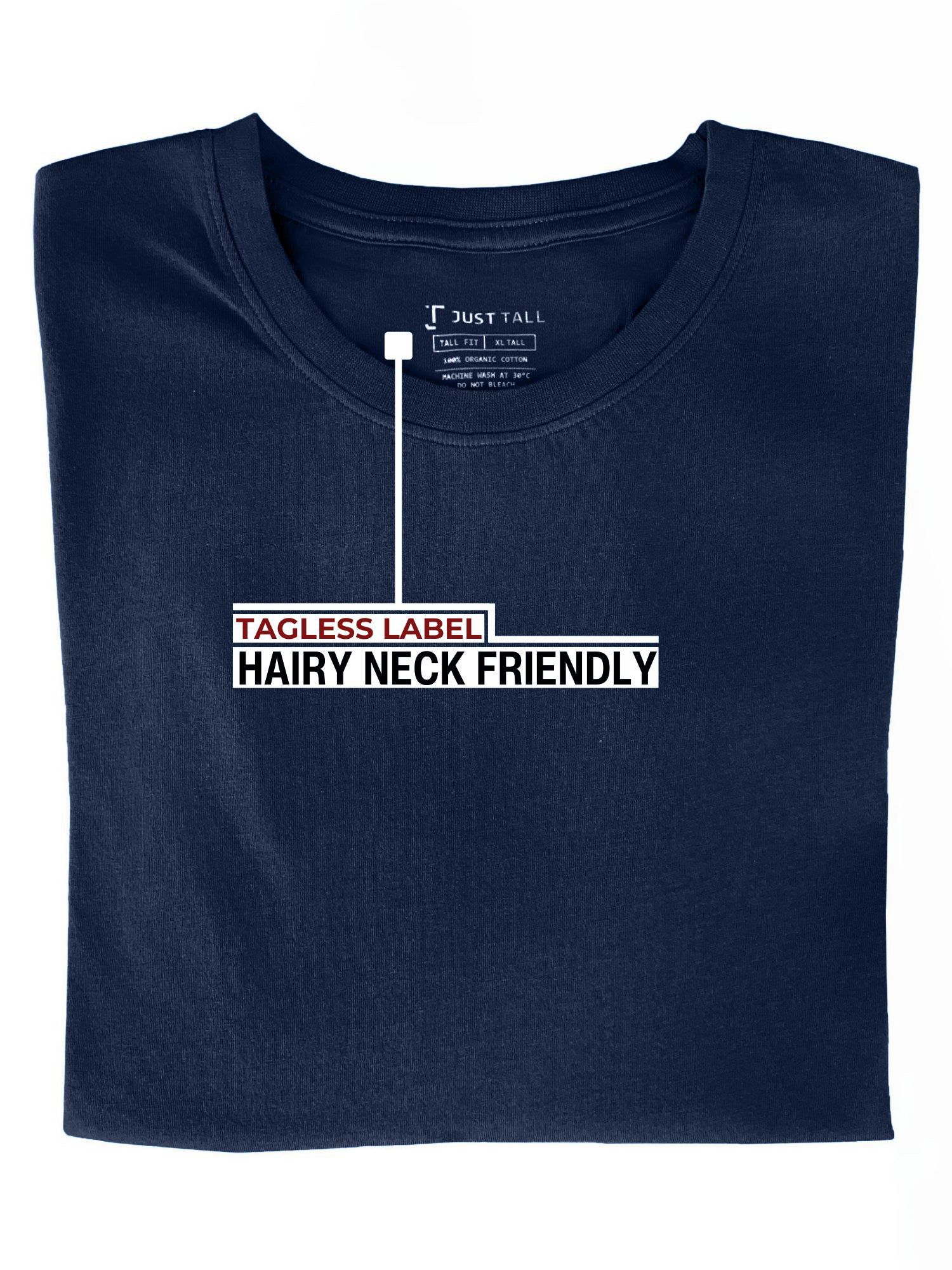 Close up of Just Tall's heavyweight  midnight blue t-shirt, showing the tagless label.