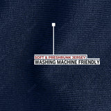 A close up of the midnight blue heavyweight jersey fabric that is soft, preshrunk and washing machine friendly.